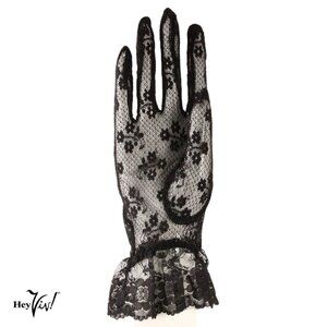 Black Lace Gloves Wrist Length w Ruffle Dressy Weddings Party Bridal Prom